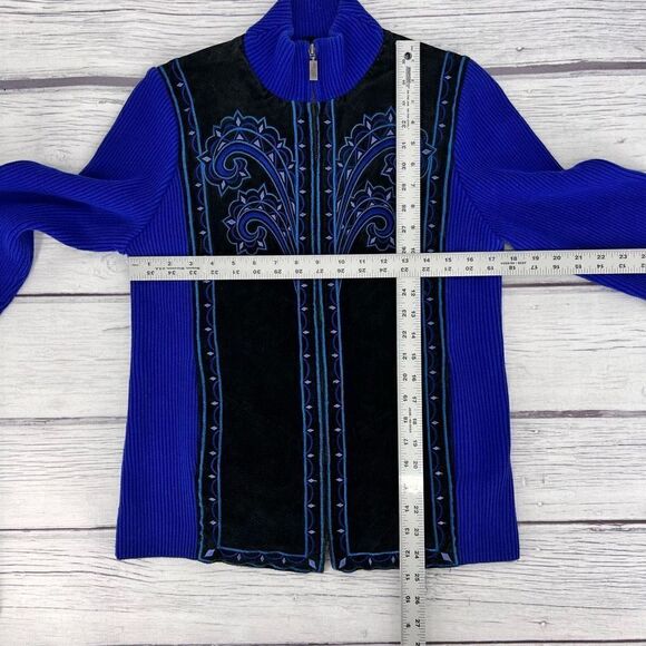 Bob Mackie Womens XS Leather Art Artsy Zip Sweater Jacket Embroidered Boho - Picture 10 of 11